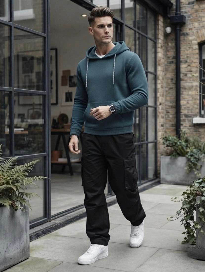 Men Solid Long Sleeves Hooded Sweatshirt - 22618402 -  Standard Image - 3