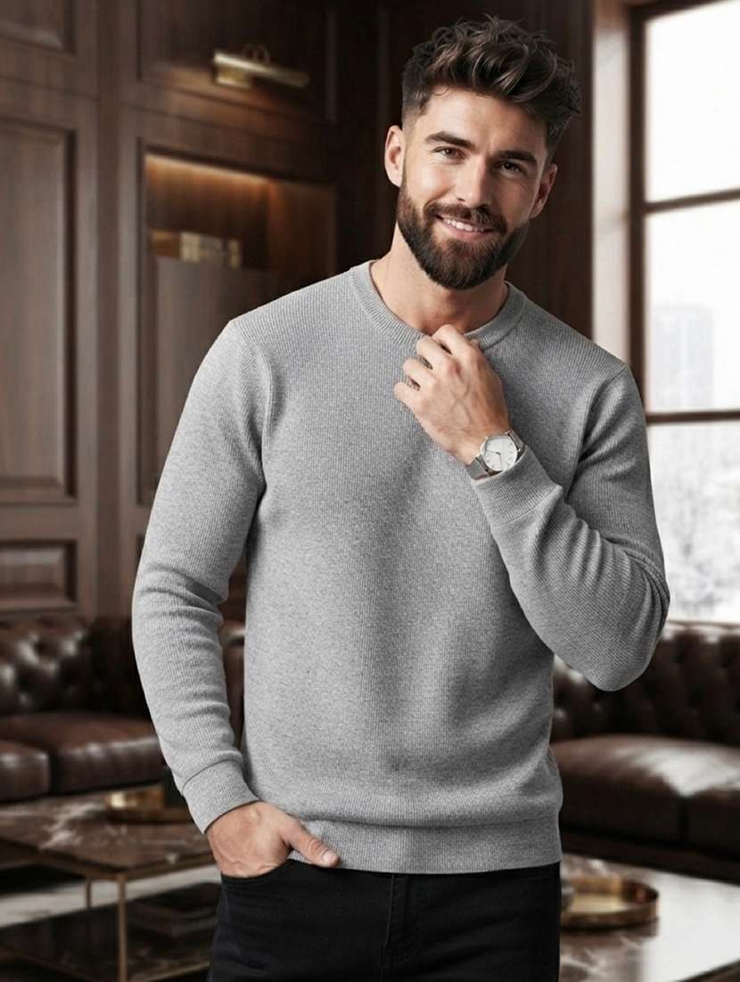 men solid long sleeves round neck pullover