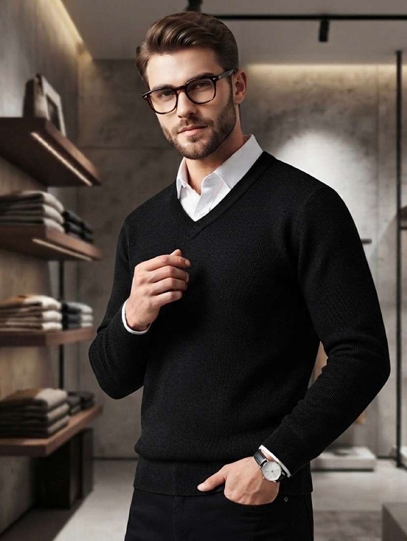 men solid long sleeves v neck pullover