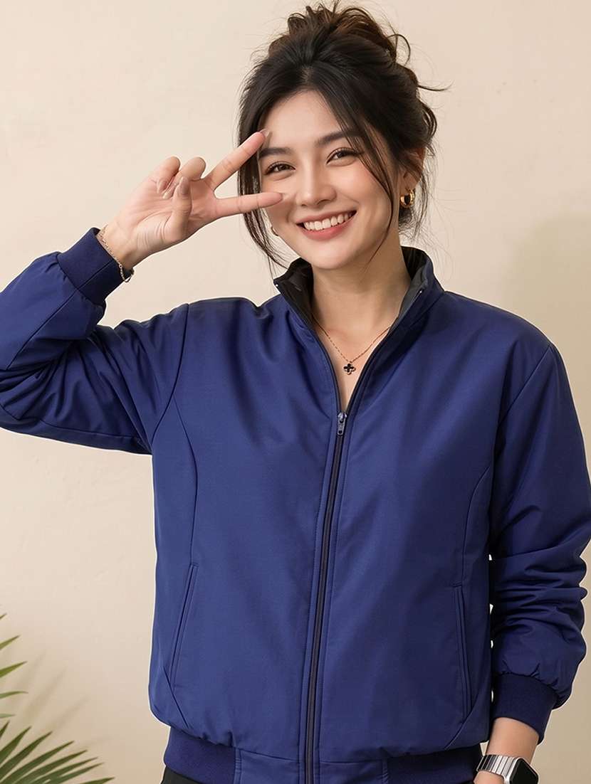 navy blue polyester windcheater jacket high neck - 22618459 -  Standard Image - 3