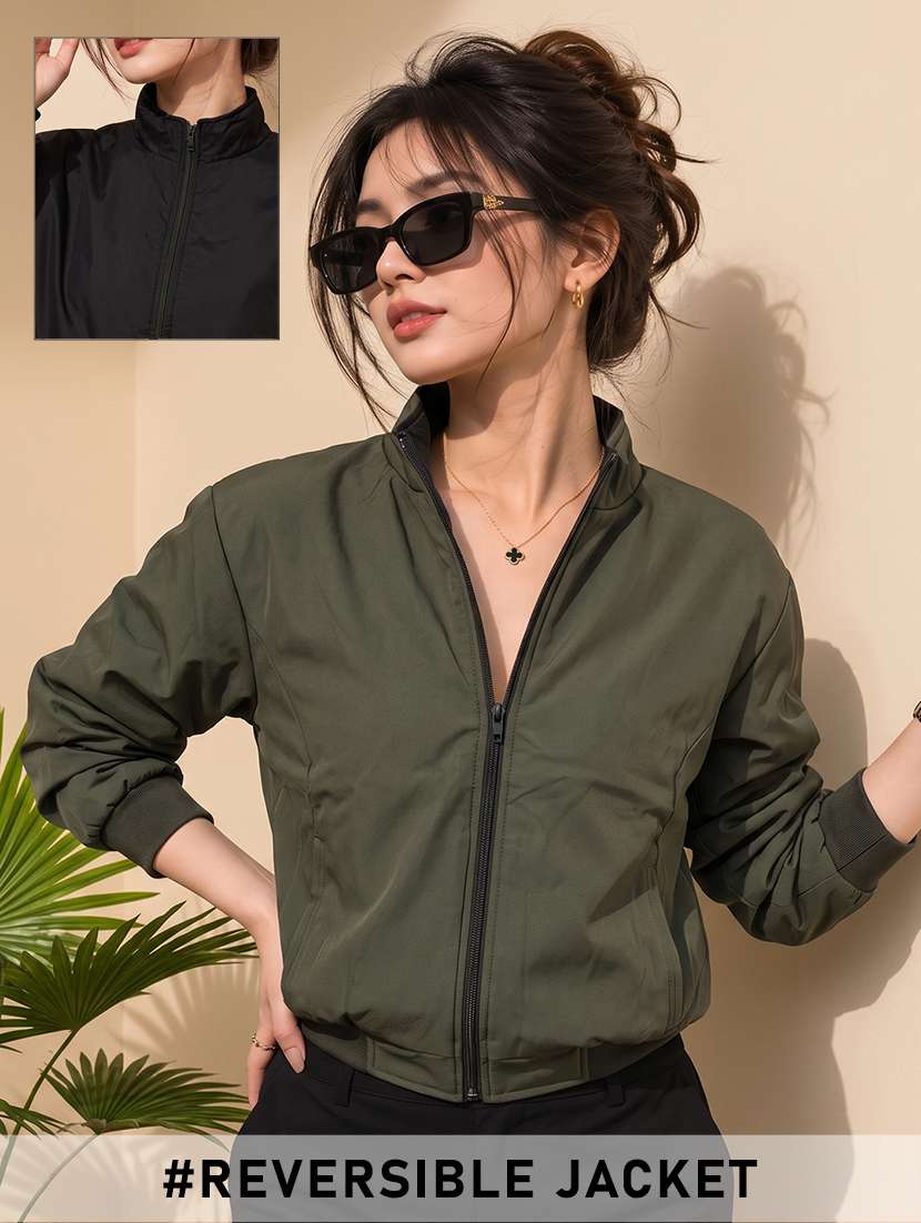 women solid long sleeves reversible jacket