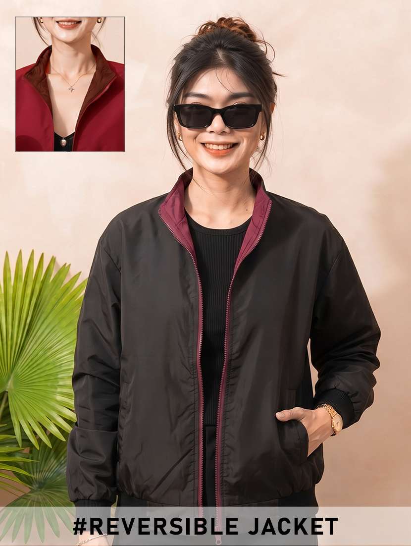 women solid long sleeves reversible jacket
