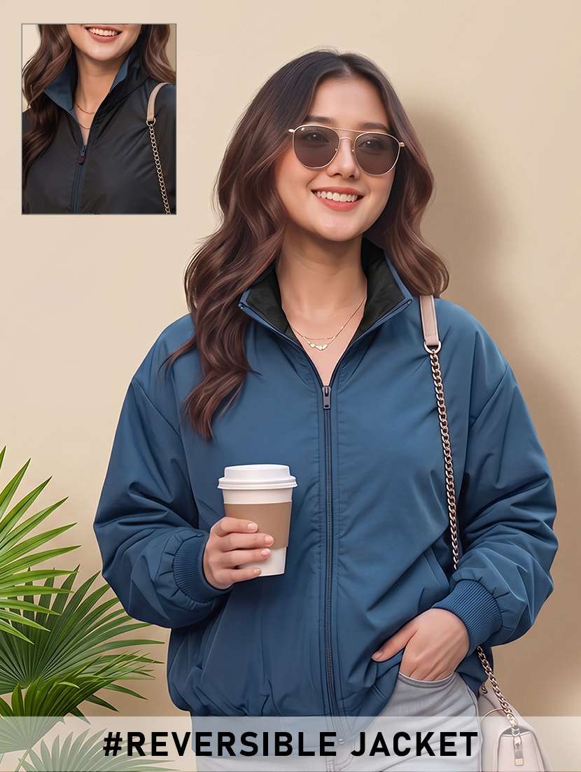 women solid long sleeves reversible jacket