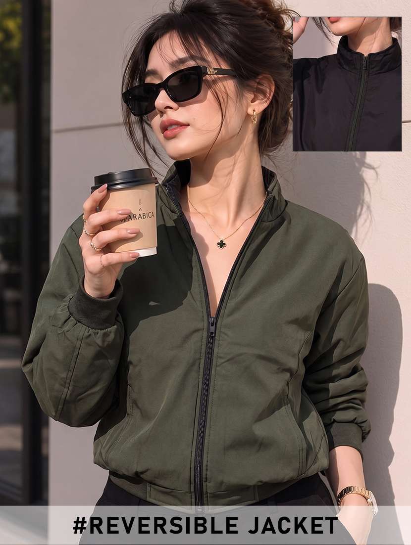 women solid long sleeves reversible jacket
