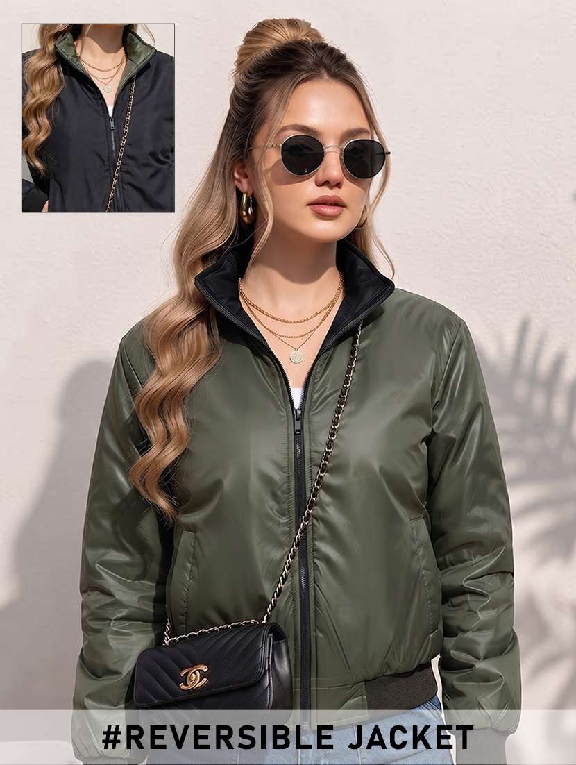 women solid long sleeves reversible bomber jacket