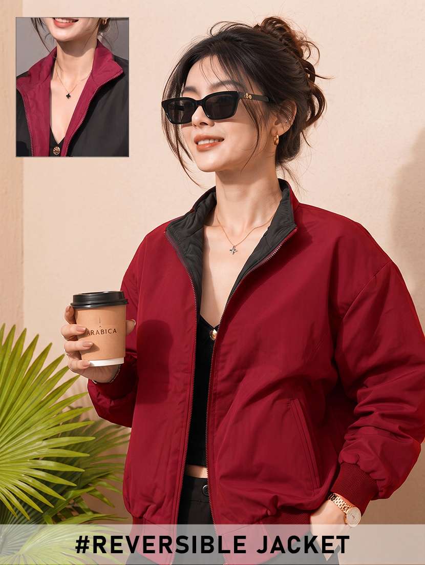 women solid long sleeves reversible jacket