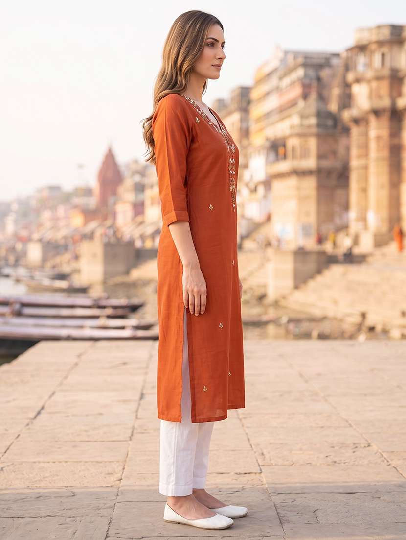 women embroidered three quarter sleeves straight kurta - 22618477 -  Standard Image - 3