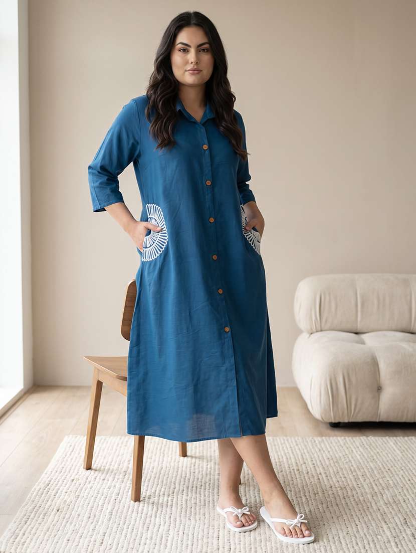 women embroidered three quarter sleeves a-line dress