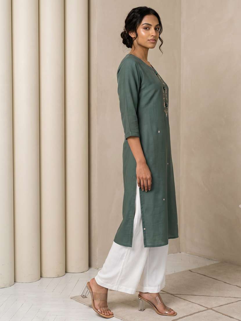 Women Embroidered Three Quarter Sleeves Straight Kurta - 22618480 -  Standard Image - 3