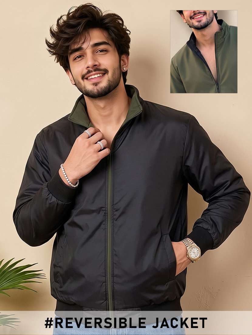 men solid long sleeves reversible bomber jacket