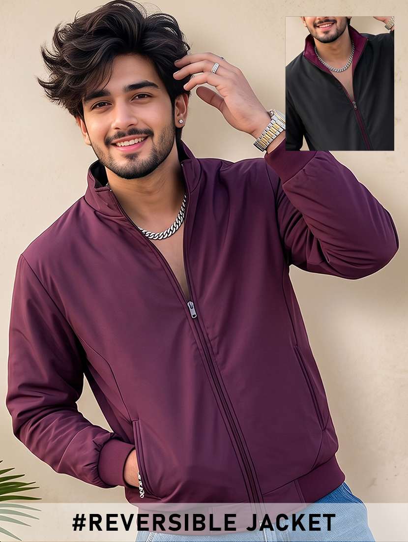 men solid long sleeves reversible bomber jacket