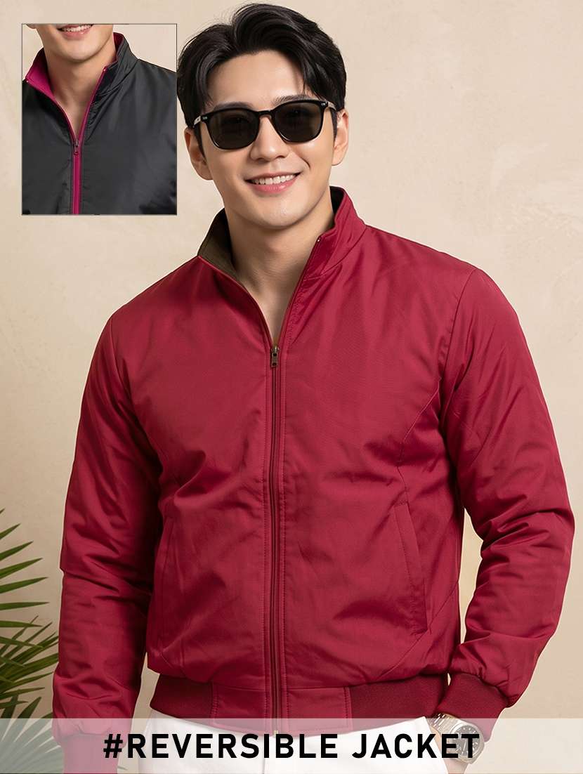 men solid long sleeves reversible bomber jacket