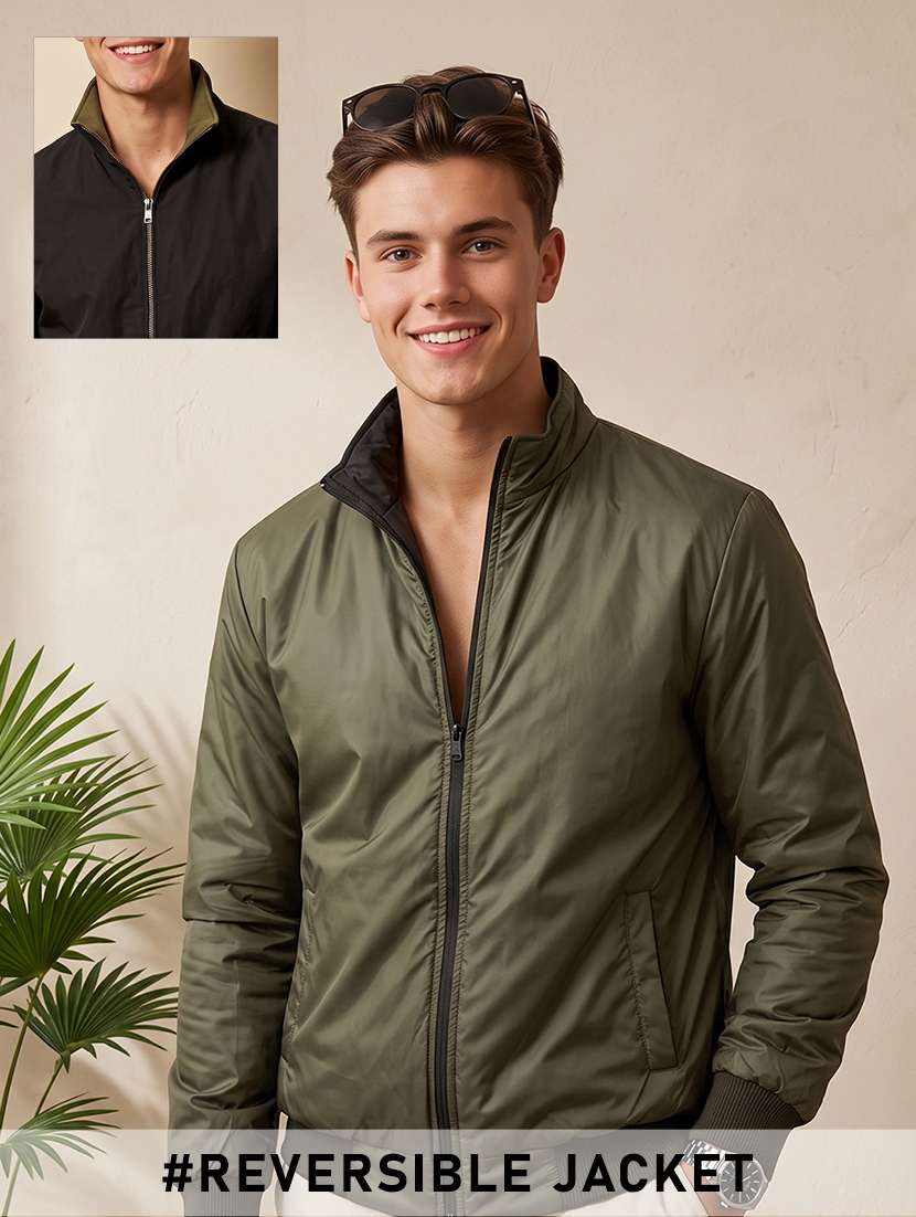 men solid long sleeves reversible bomber jacket