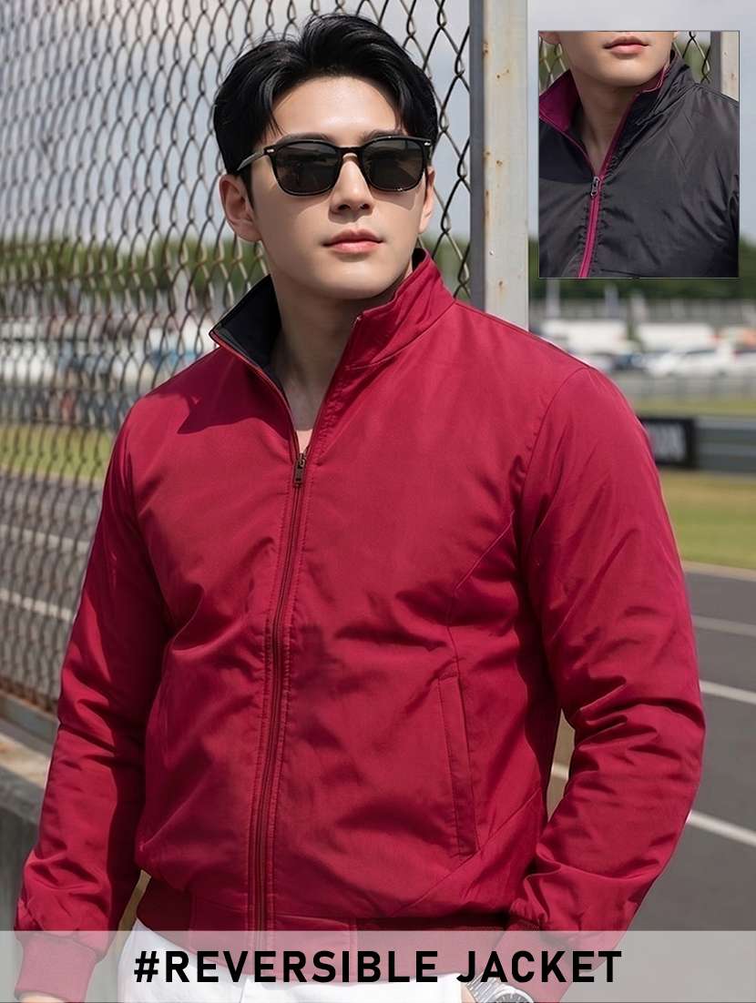 men solid long sleeves reversible bomber jacket