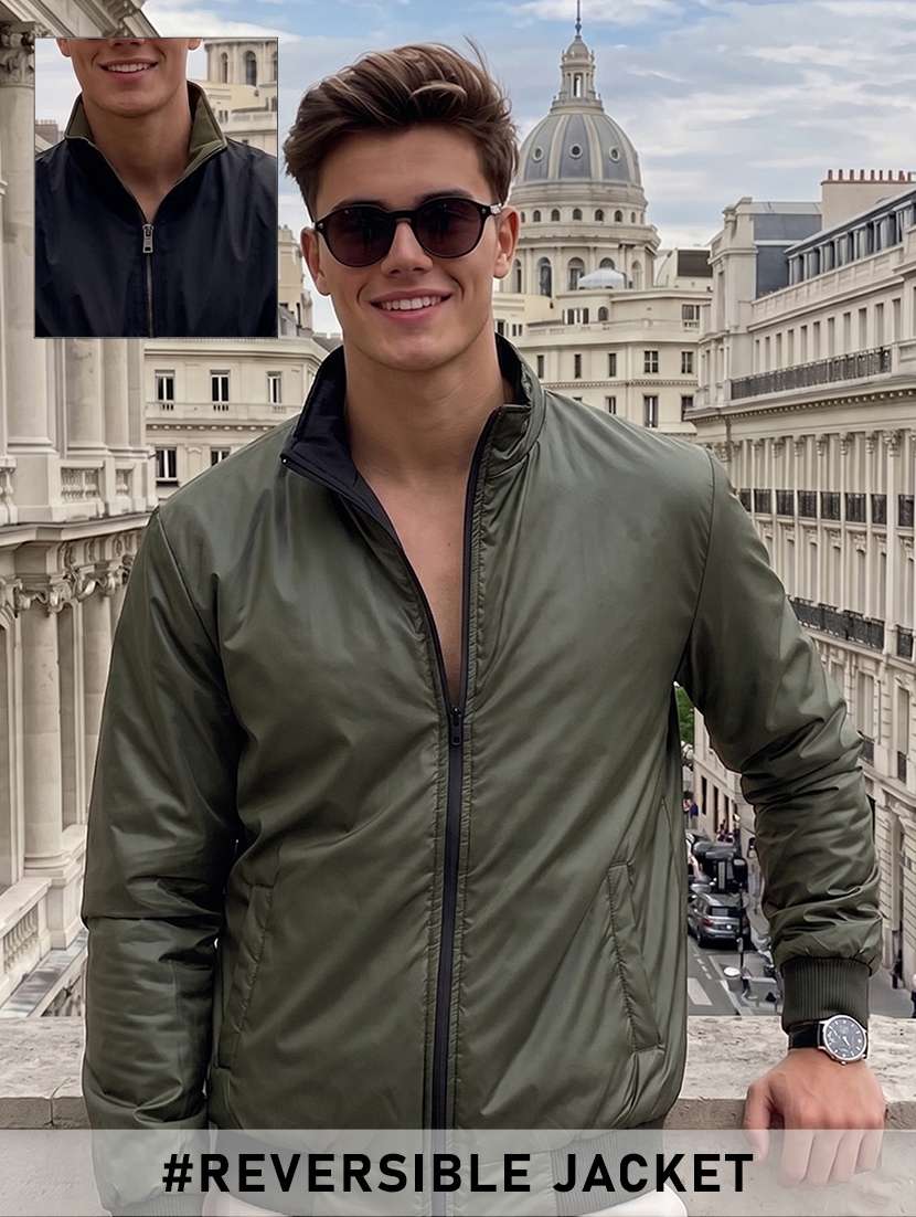 men solid long sleeves reversible bomber jacket