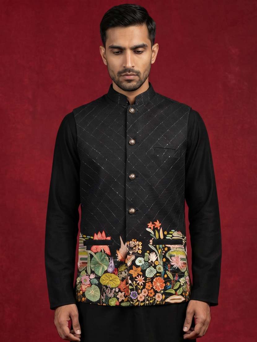 men printed sleeveless nehru jacket
