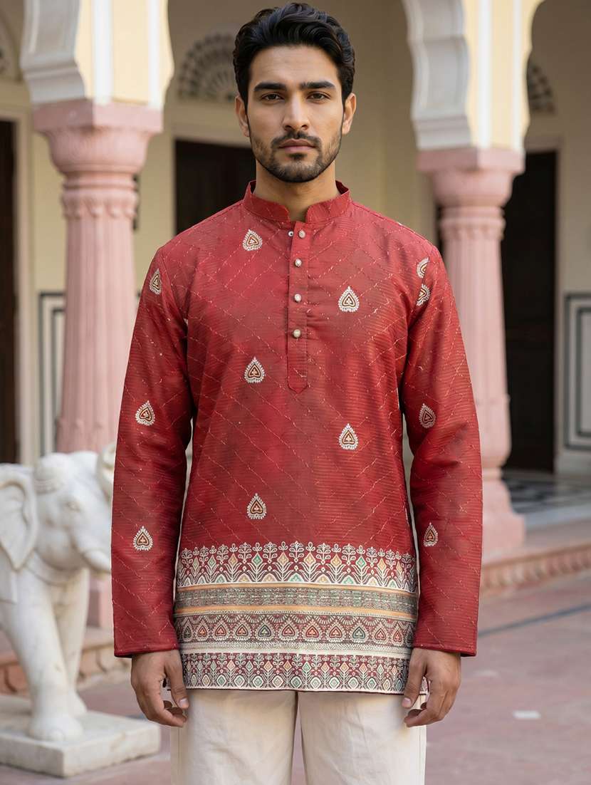 men printed mandarin neck short kurta