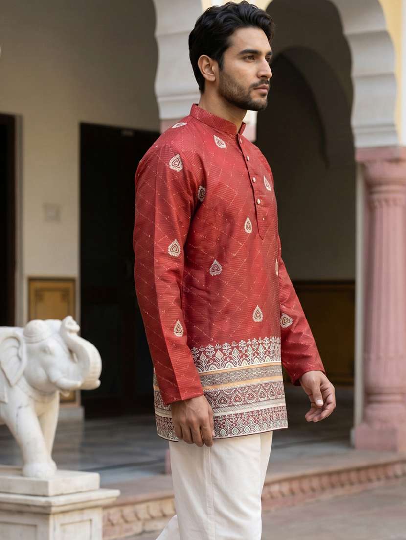 Men Printed Mandarin Neck Short Kurta - 22618579 -  Standard Image - 3