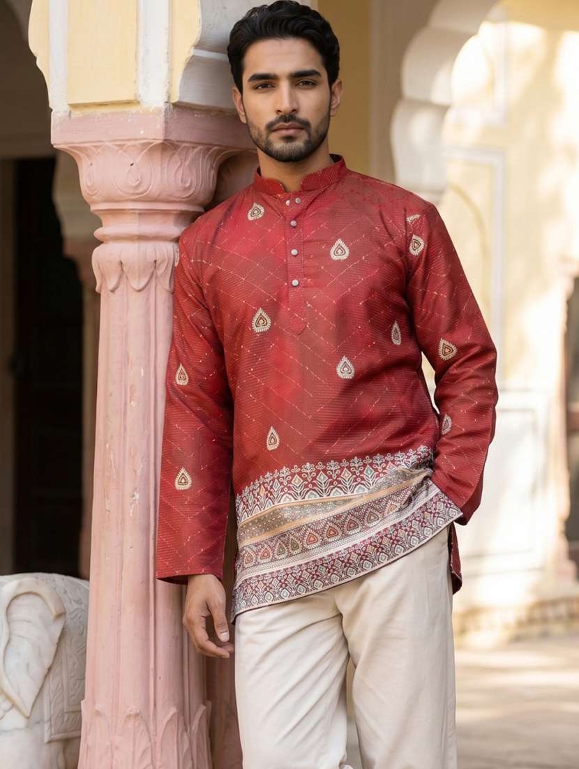 Men Printed Mandarin Neck Short Kurta - 22618579 -  Standard Image - 5