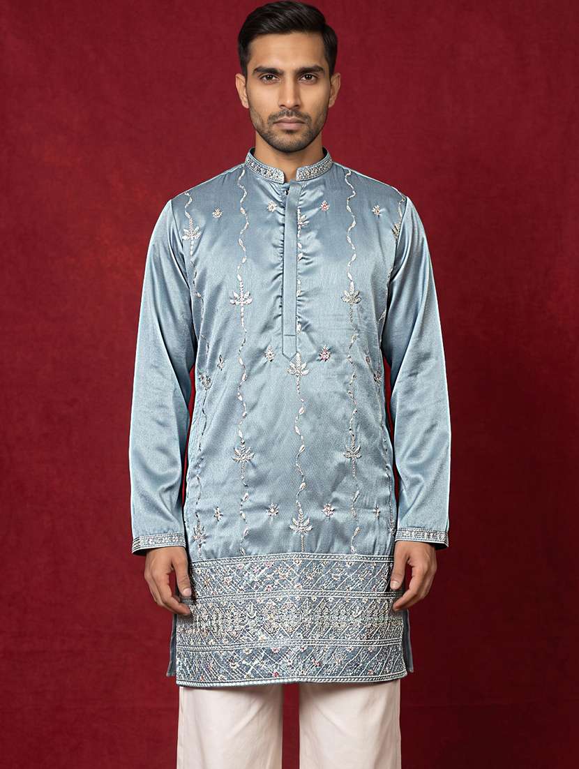 men embroidered mandarin neck short kurta