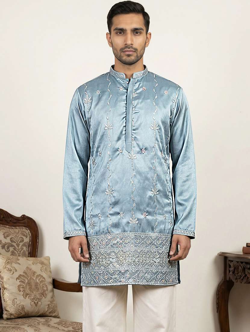 men embroidered mandarin neck short kurta