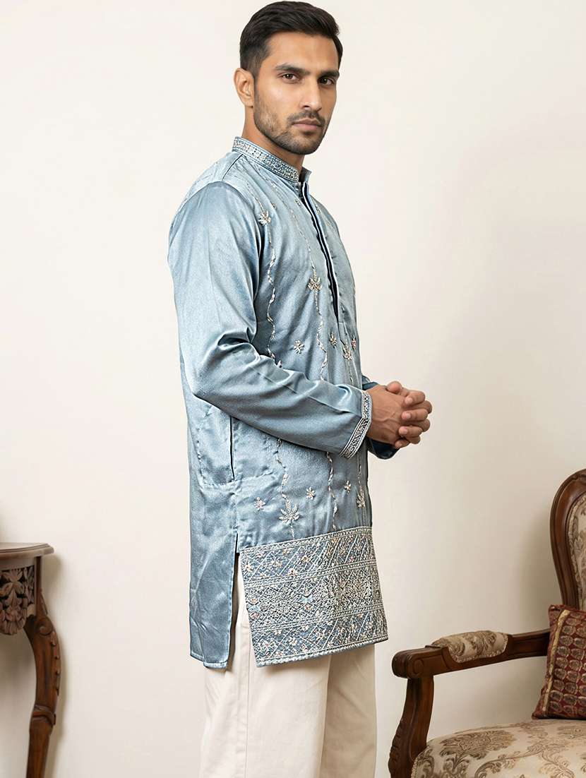 Men Embroidered Mandarin Neck Short Kurta - 22618587 -  Standard Image - 3