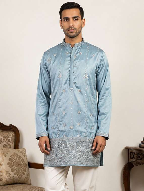 Men Embroidered Mandarin Neck Short Kurta - 22618587 -  Standard Image - 5