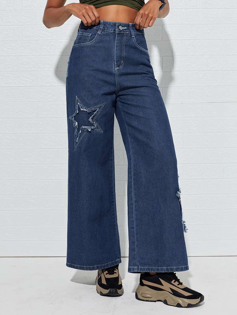 women distressed high rise wide leg jeans