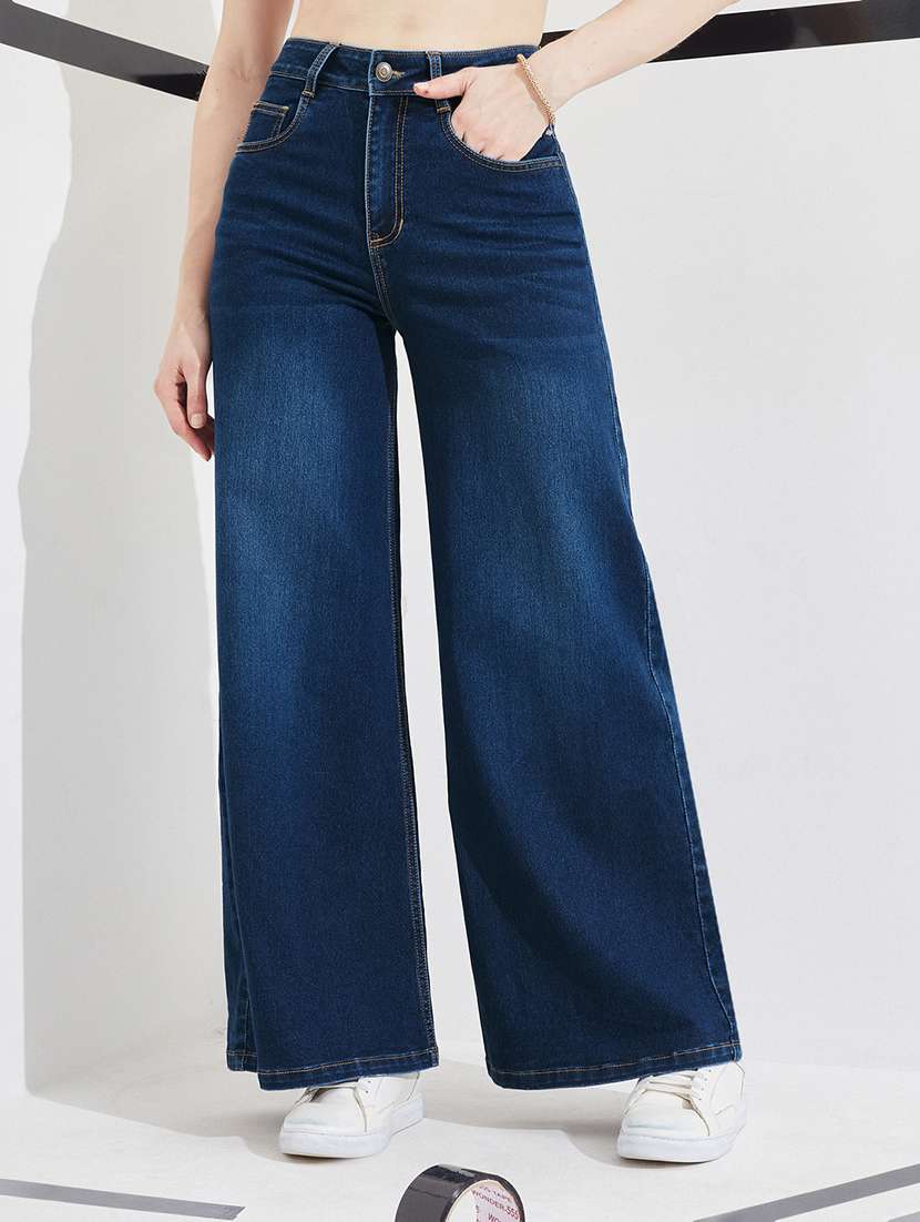 women washed high rise wide leg jeans