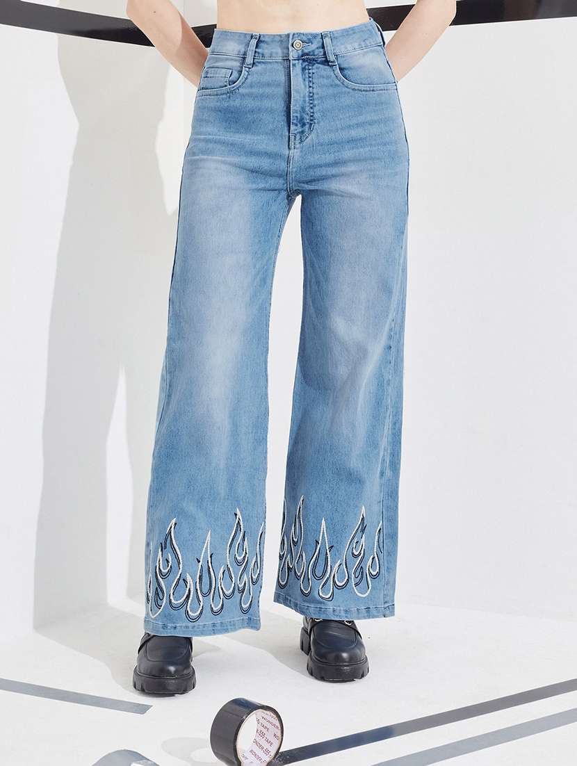 women embroidered high rise straight jeans