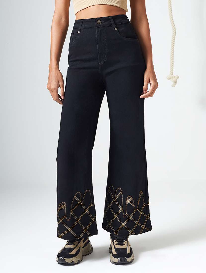 women embroidered high rise wide leg jeans