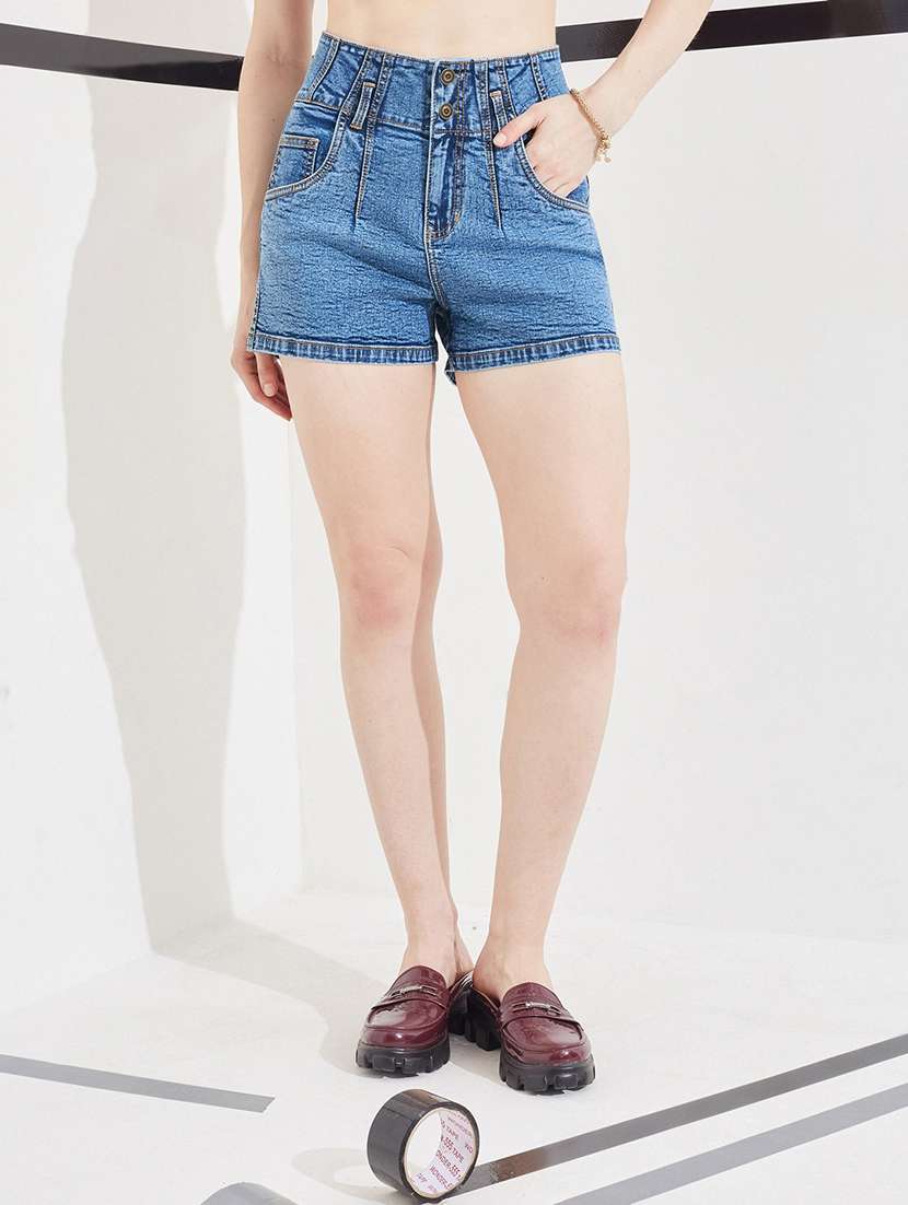 women washed mid rise denim shorts