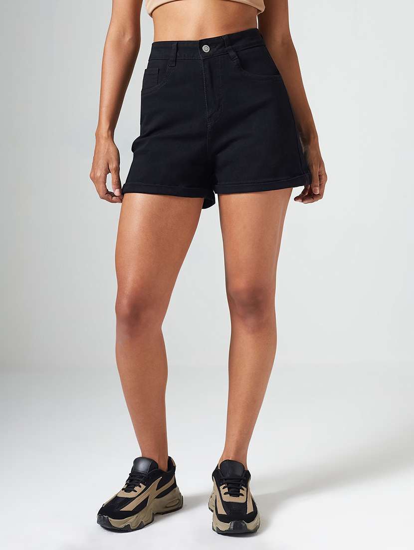 women solid high rise regular fit denim shorts