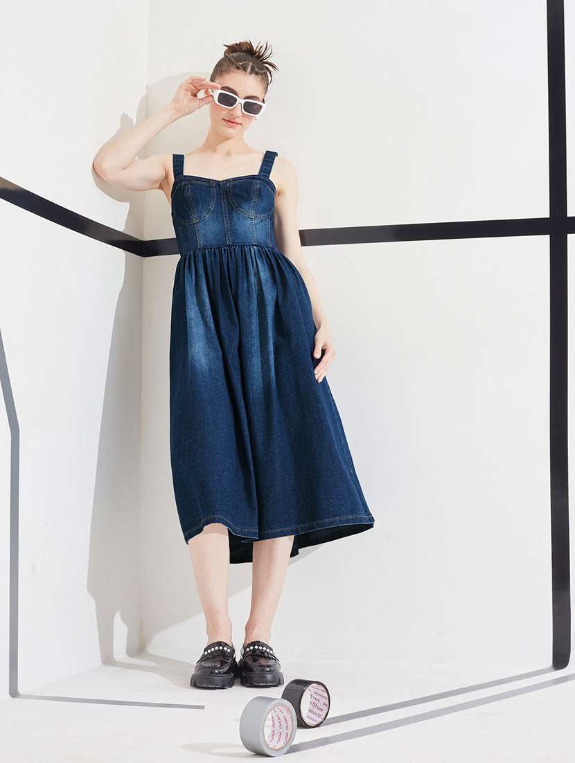 women solid shoulder strap fit and flare dress