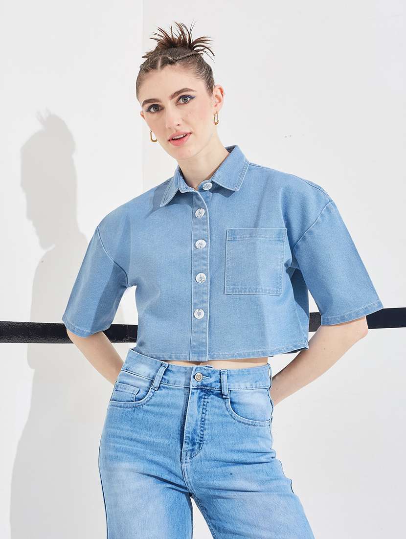 women solid short sleeves crop shirt