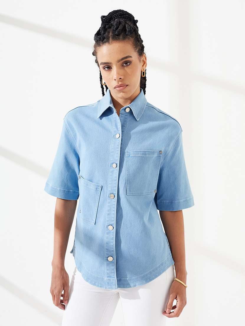 women solid short sleeves regular shirt