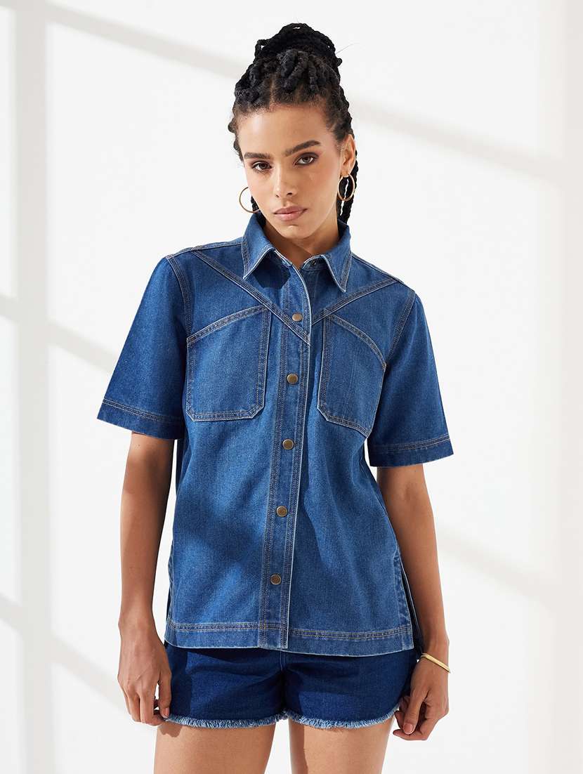 women solid short sleeves regular shirt