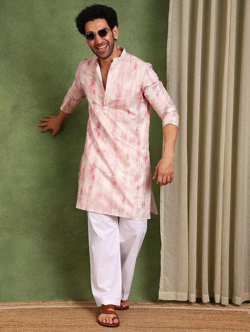 men embroidered mandarin neck long kurta 