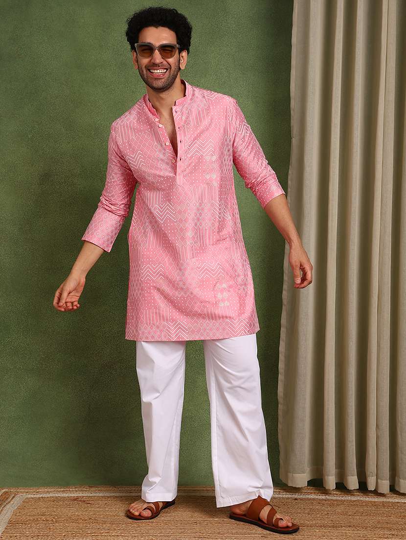 men printed mandarin neck kurta pyjama set