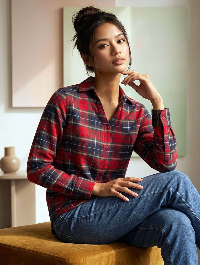 women checkered long sleeves regular shirt