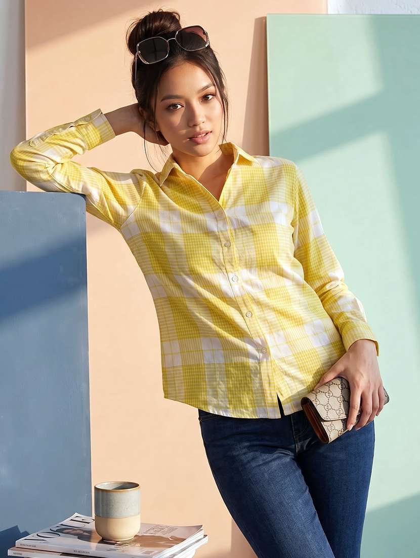 women checked long sleeves regular shirt