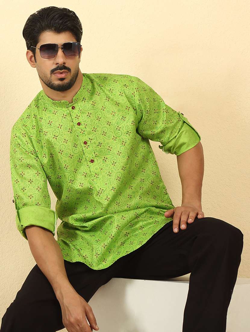 men printed mandarin neck short kurta
