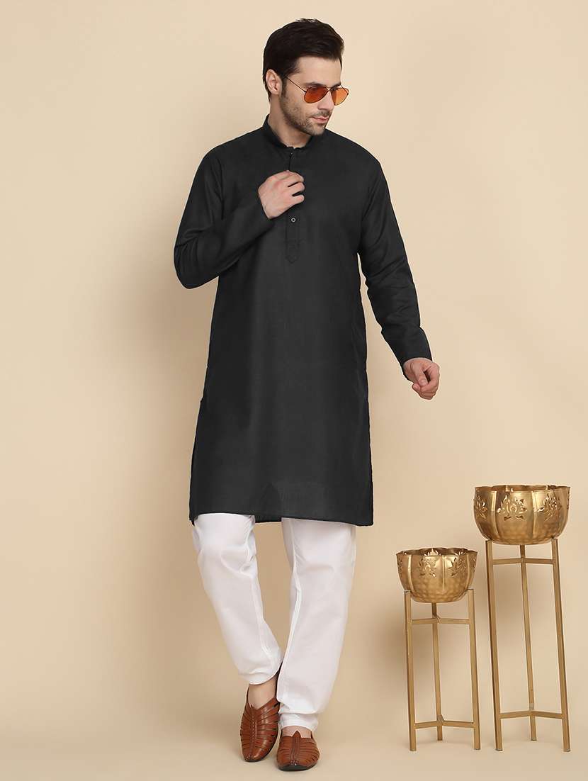 men solid mandarin neck long kurta