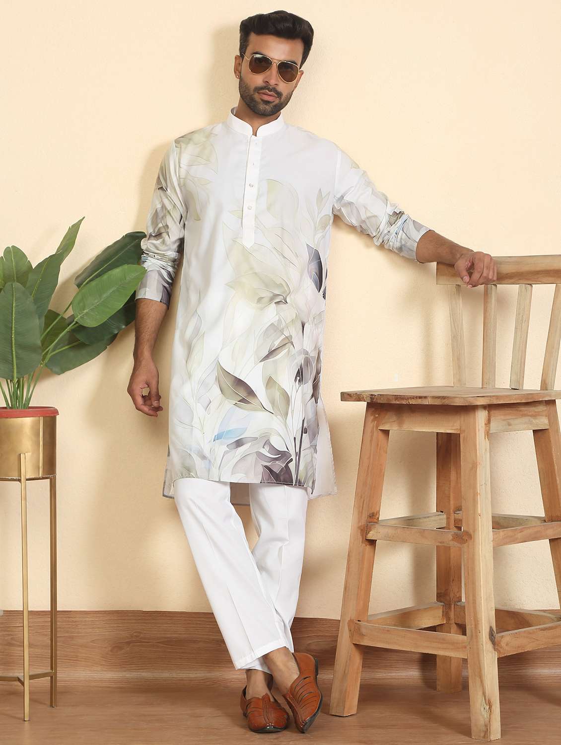 men printed mandarin neck long kurta