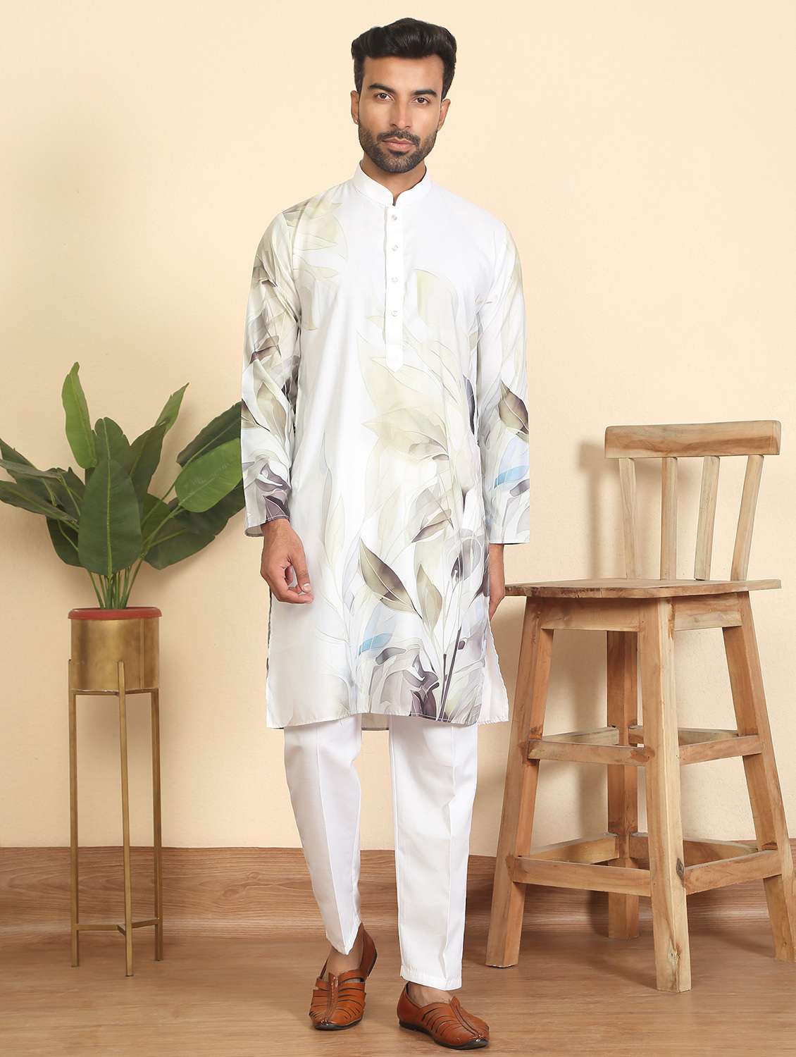 men printed mandarin neck long kurta - 22619120 -  Standard Image - 3