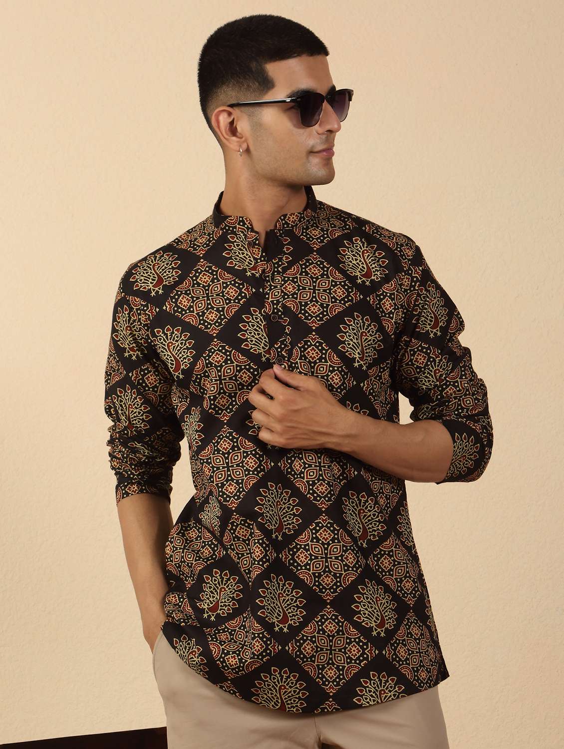 men printed mandarin neck short kurta