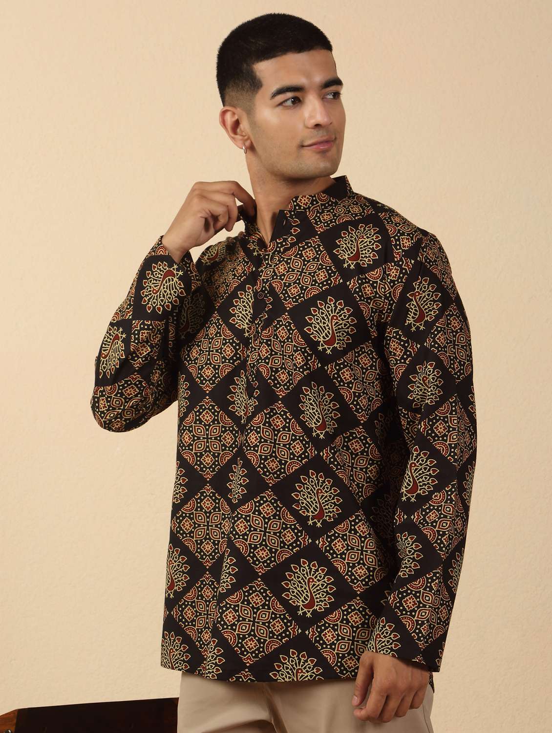 men printed mandarin neck short kurta - 22619189 -  Standard Image - 3