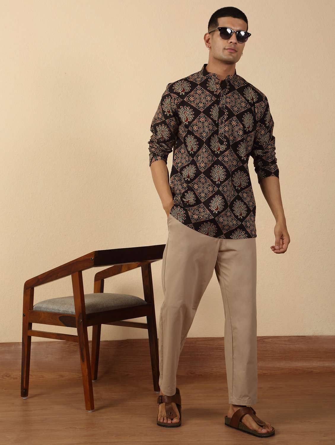 men printed mandarin neck short kurta - 22619189 -  Standard Image - 5