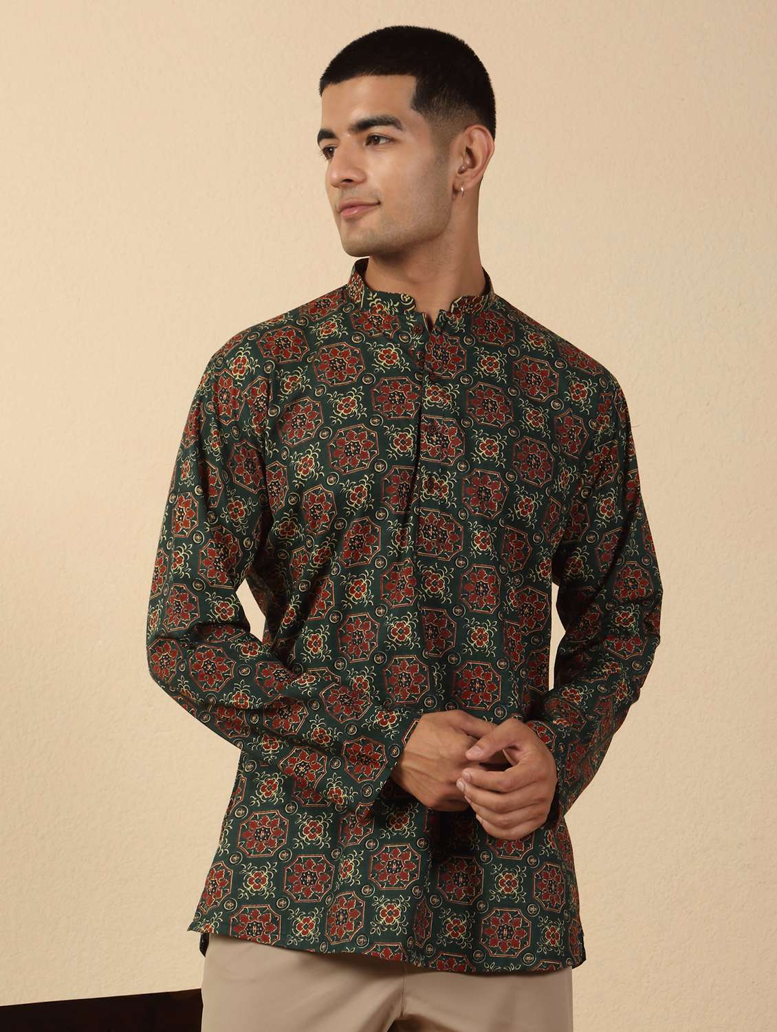 men printed mandarin neck short kurta - 22619190 -  Standard Image - 3