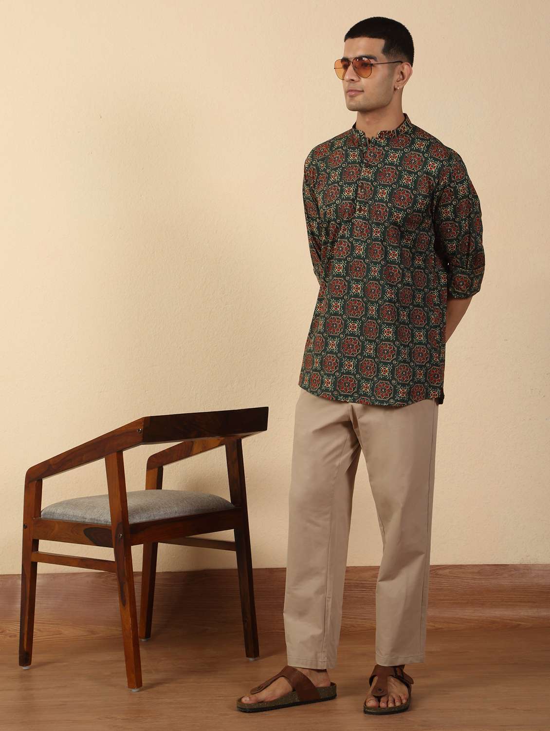 men printed mandarin neck short kurta - 22619190 -  Standard Image - 5